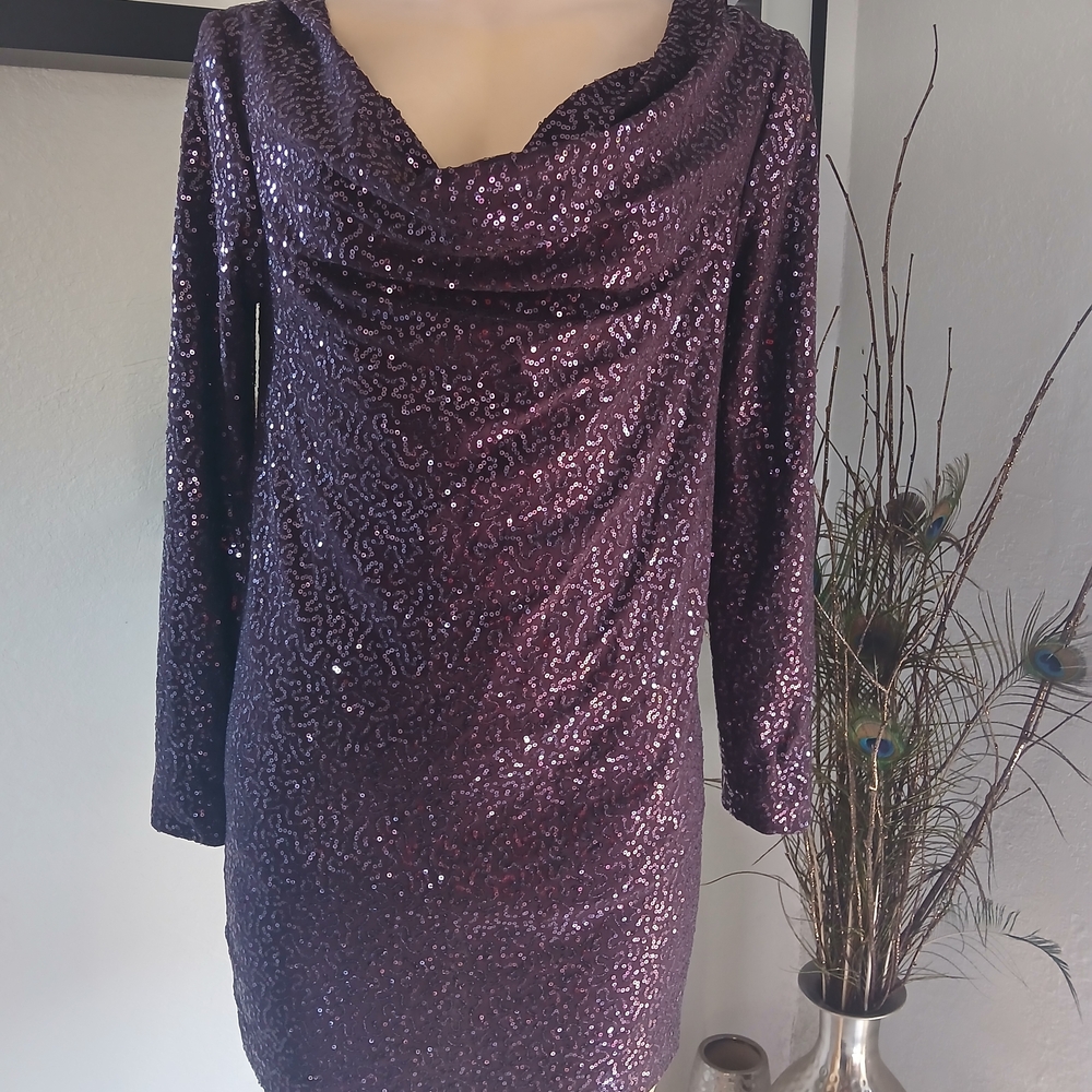 Tibi New York Purple Sequin Cocktail Dress | Long Sleeve Party Mini Dress - Picture 2 of 13